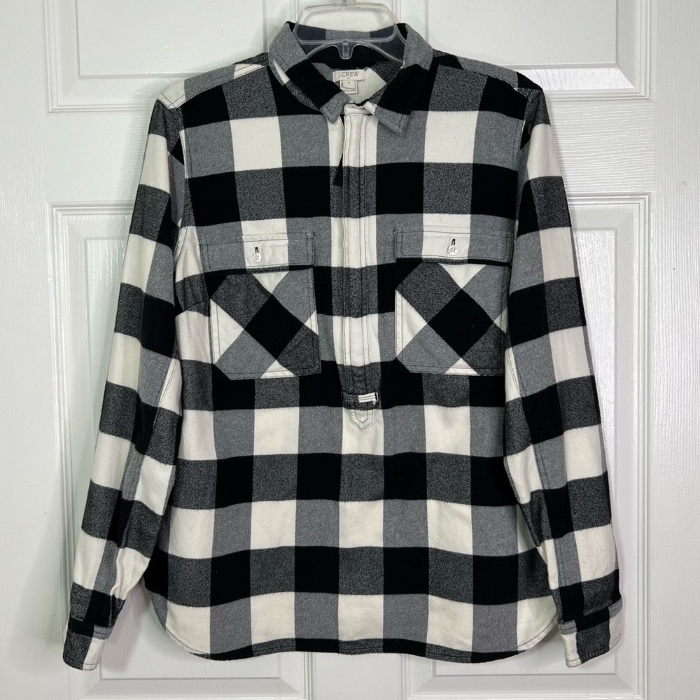 J. Crew Buffalo Plaid Flannel 1/2 Zip Shirt Jacket Black & Ivory Size M - Picture 2 of 12